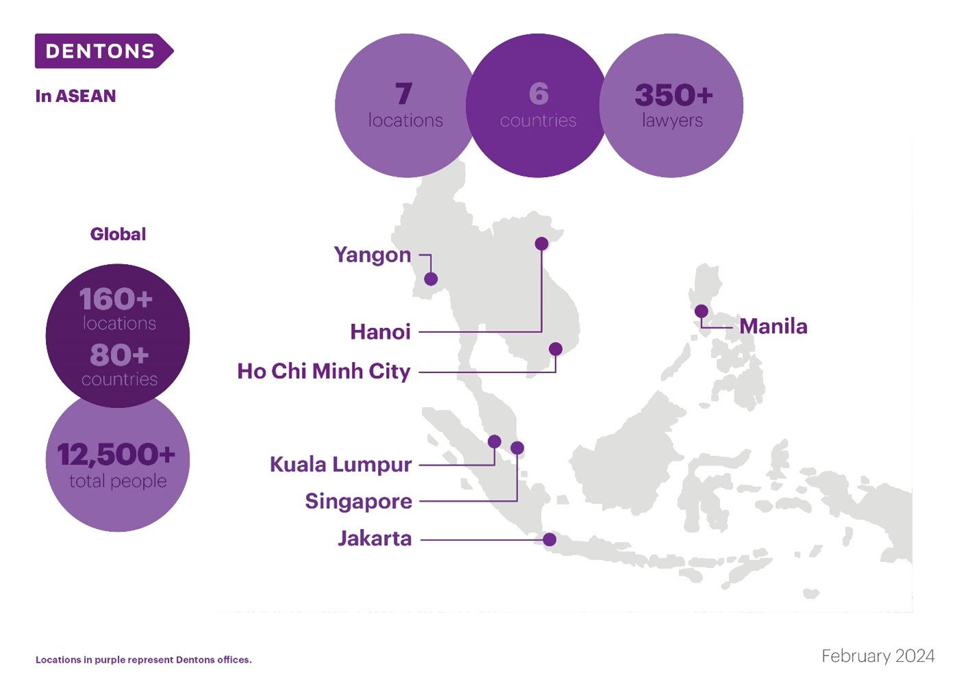 Dentons presence in ASEAN region as of February 2024. Manila, Kuala Lumpur, Singapore, Jakarta, Ho Chi Minh city, Hanoi, Yangon